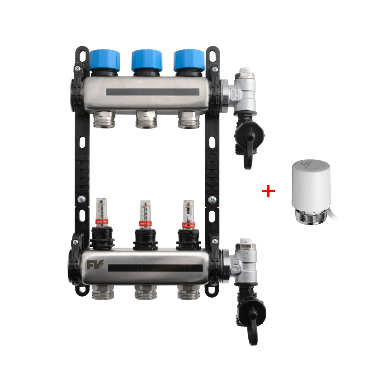 F.V. Plast, колекторна група 1″ с дебитомер 11л + 11 бр Honeywell, терм. задв. NC, 230V, 3W (*)